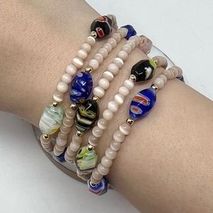 NEW Set of 5 Cat's Eye Gemstone & Murano Beads - Gold Plated Elastic Bracelet